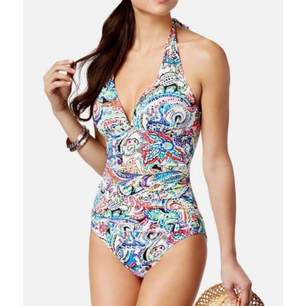 Lauren Ralph Lauren Cabana Halter One Piece Swimsuit Paisley Ruched Women 6/8